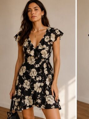 Free People Black Cream Floral Wrap Mini Dress Size S